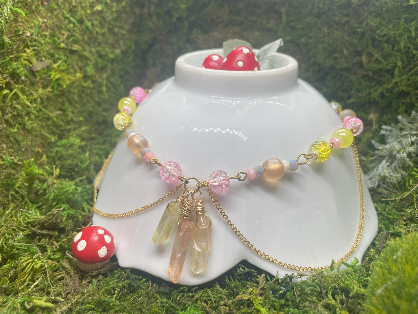 Yellow And Pink Beaded Crystal Pendant Necklace