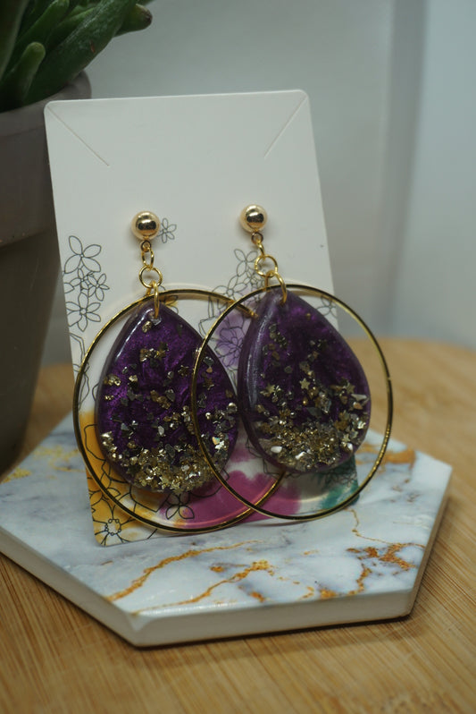 Purple Resin Earrings with Gold Hoop