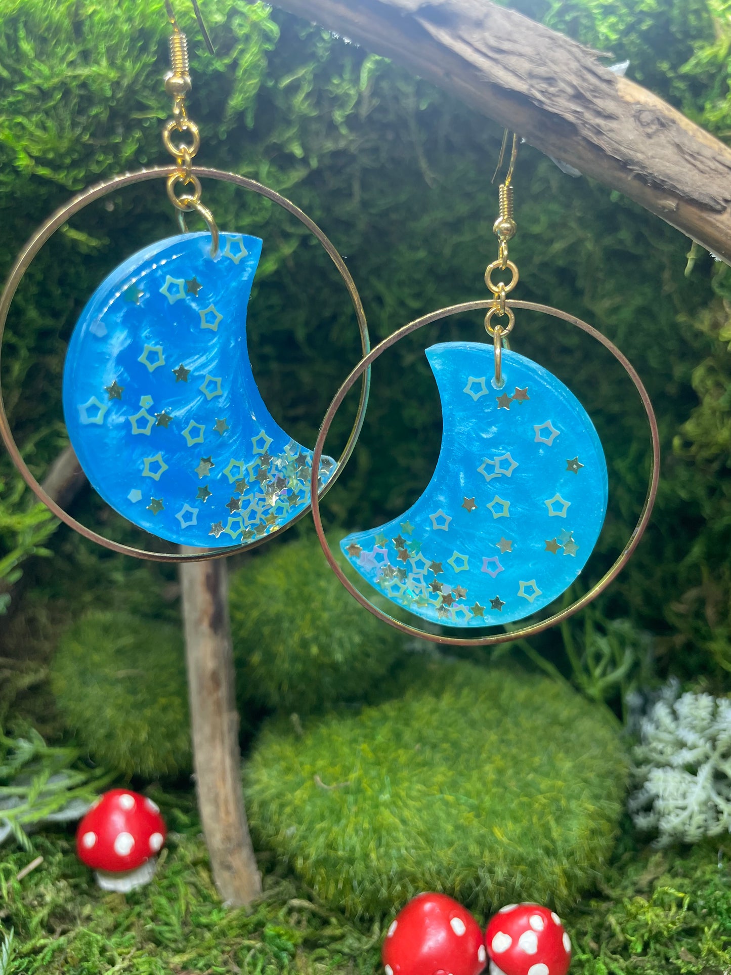 Moon Hanging In Gold Hoop Resin Earrings