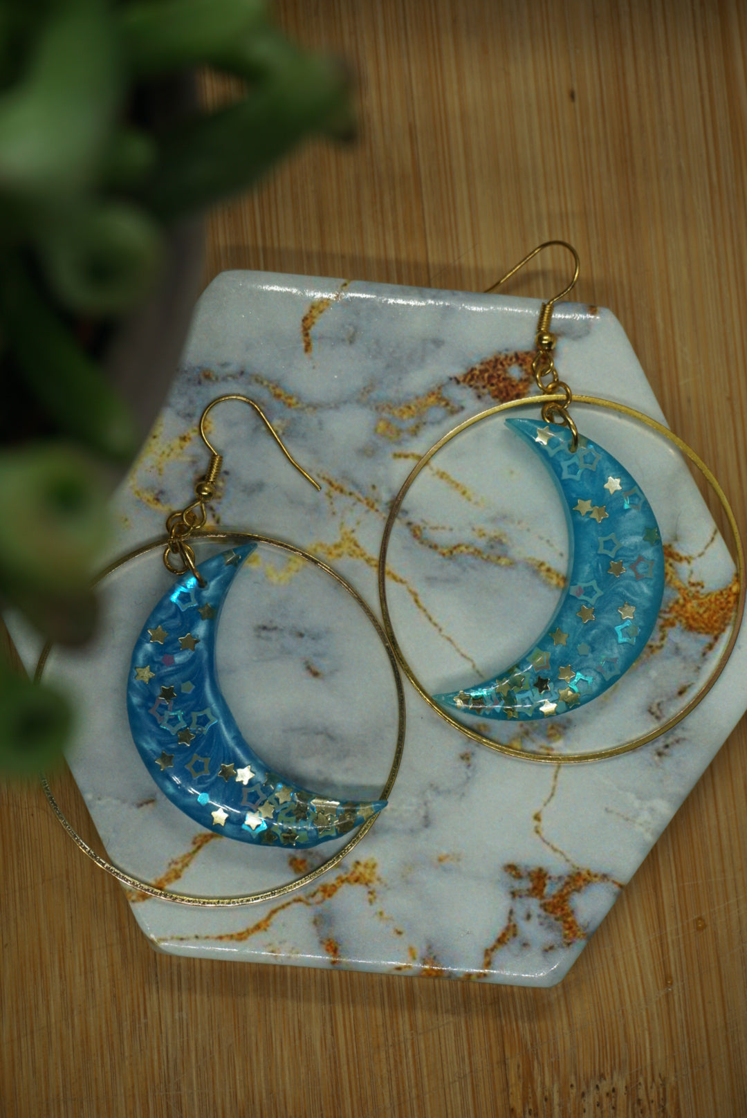 Moon Hanging In Gold Hoop Resin Earrings