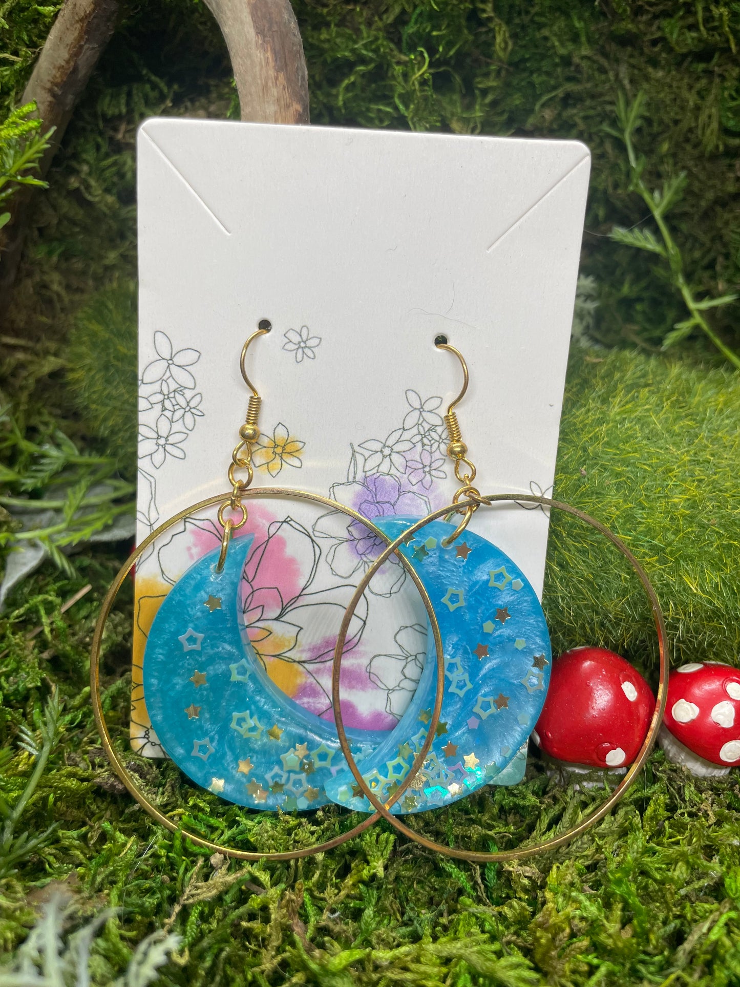 Moon Hanging In Gold Hoop Resin Earrings