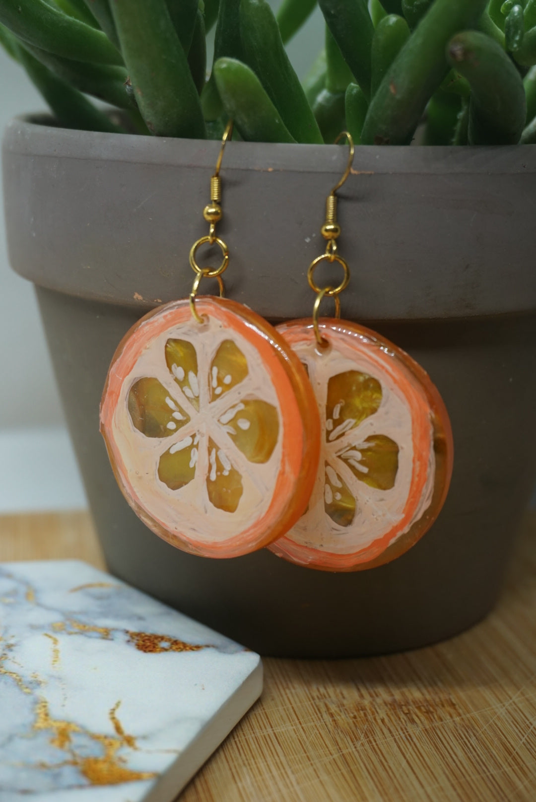 Hand Painted Orange Slice Resin Earrings