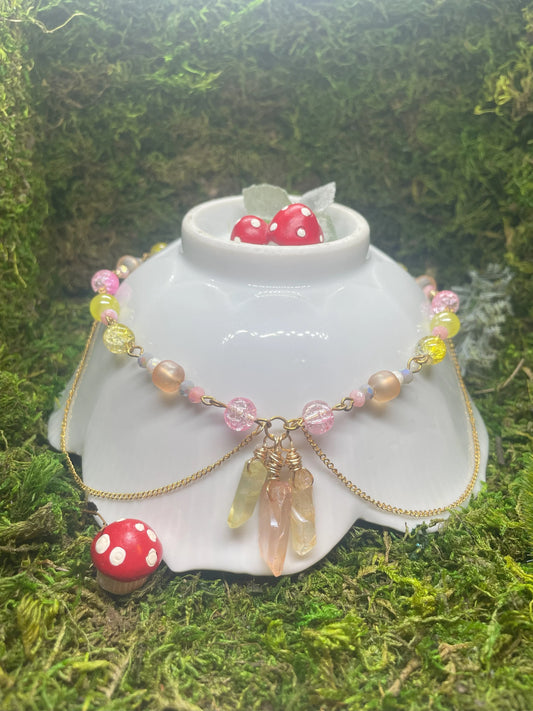 Yellow And Pink Beaded Crystal Pendant Necklace