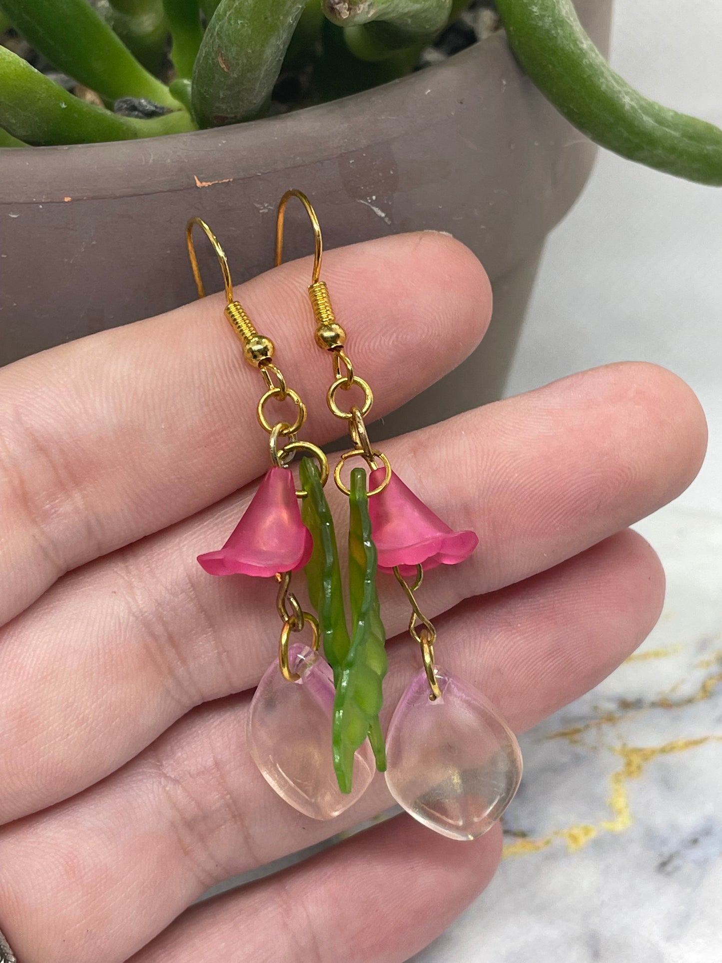Pink Glass Beaded Flower Earrings