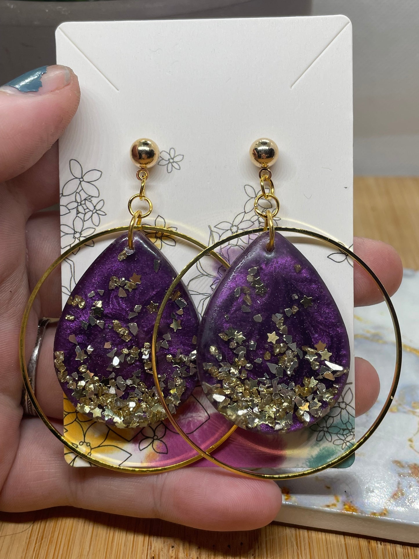Purple Resin Earrings with Gold Hoop