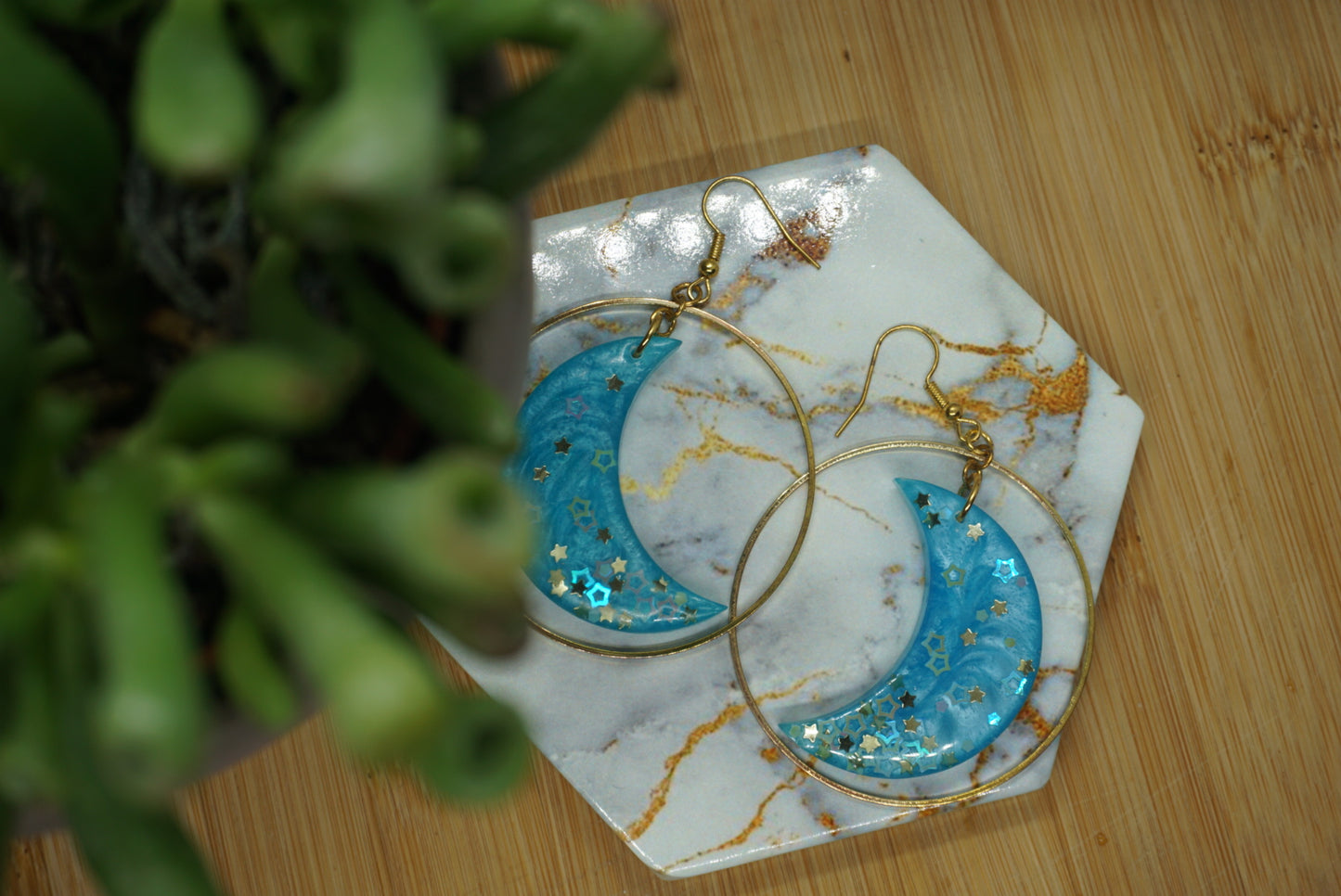 Moon Hanging In Gold Hoop Resin Earrings