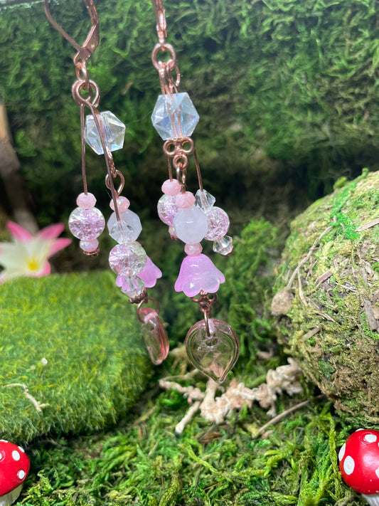 Pink Floral Glass Beaded Dangle Earrings