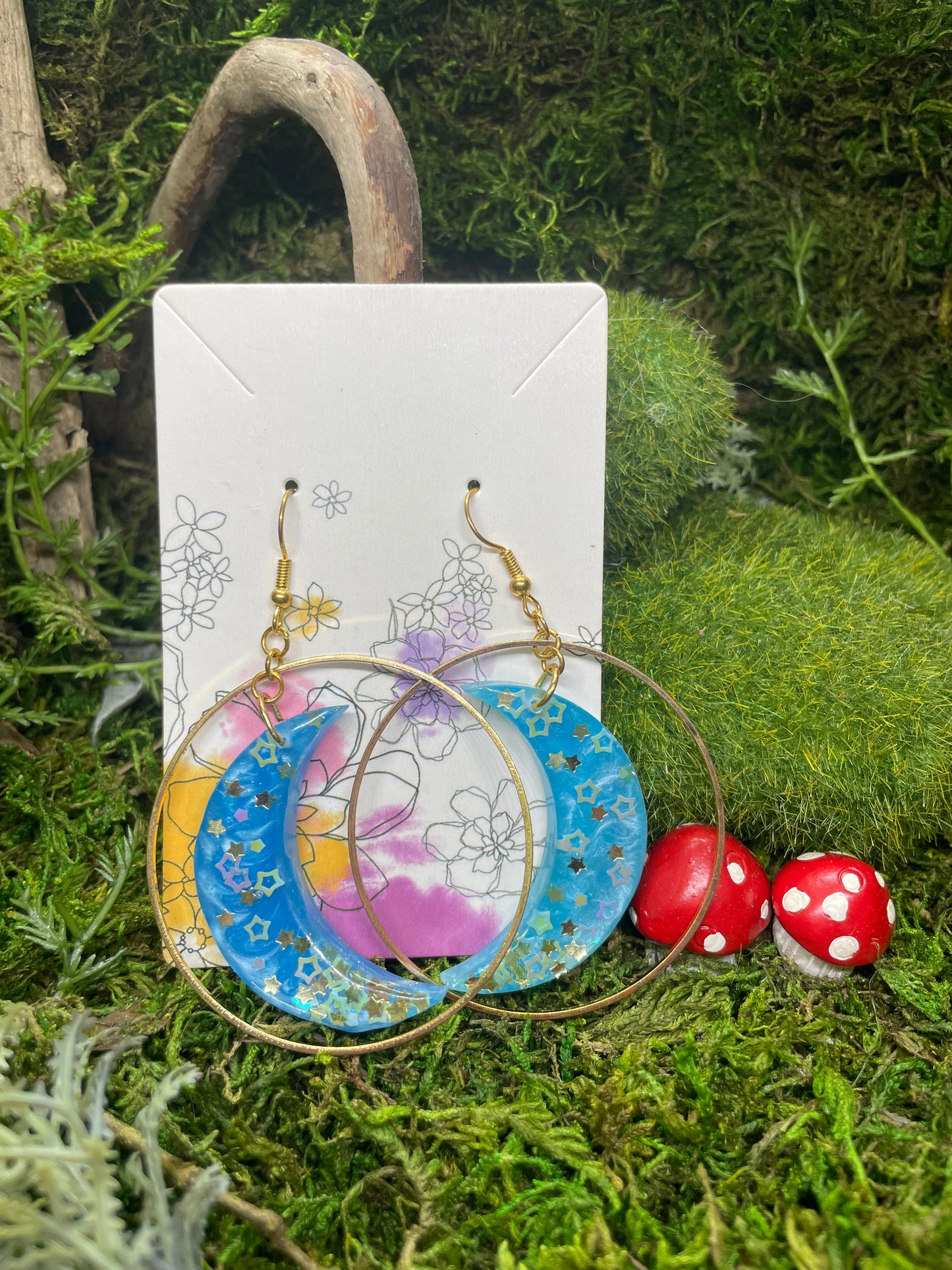 Moon Hanging In Gold Hoop Resin Earrings