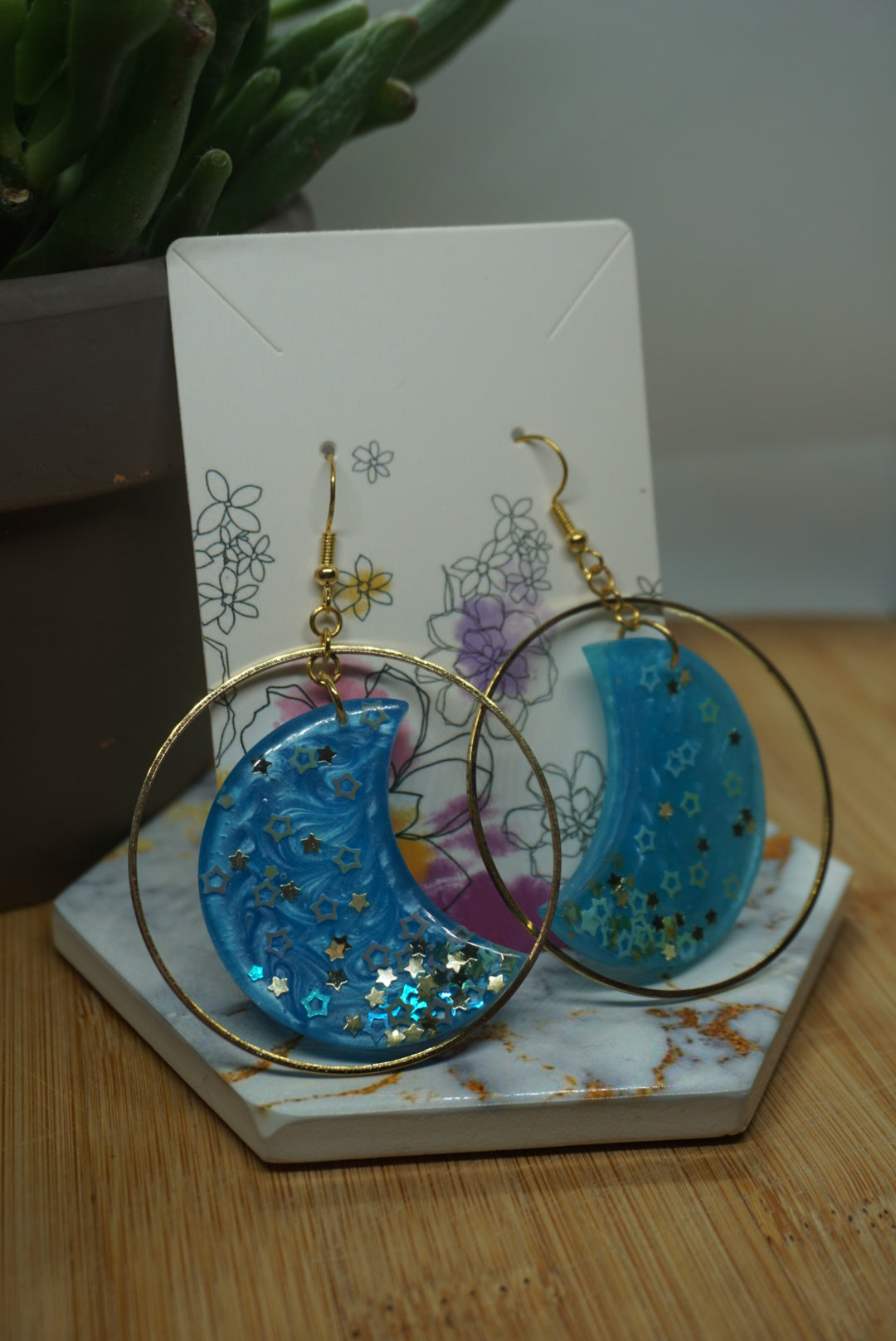 Moon Hanging In Gold Hoop Resin Earrings
