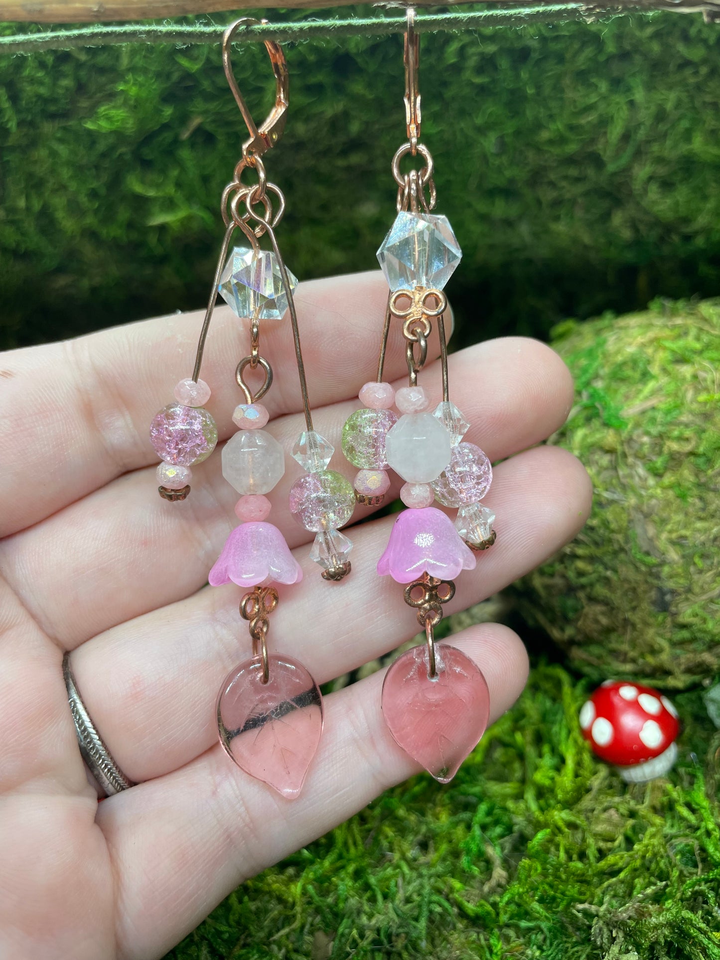 Pink Floral Glass Beaded Dangle Earrings