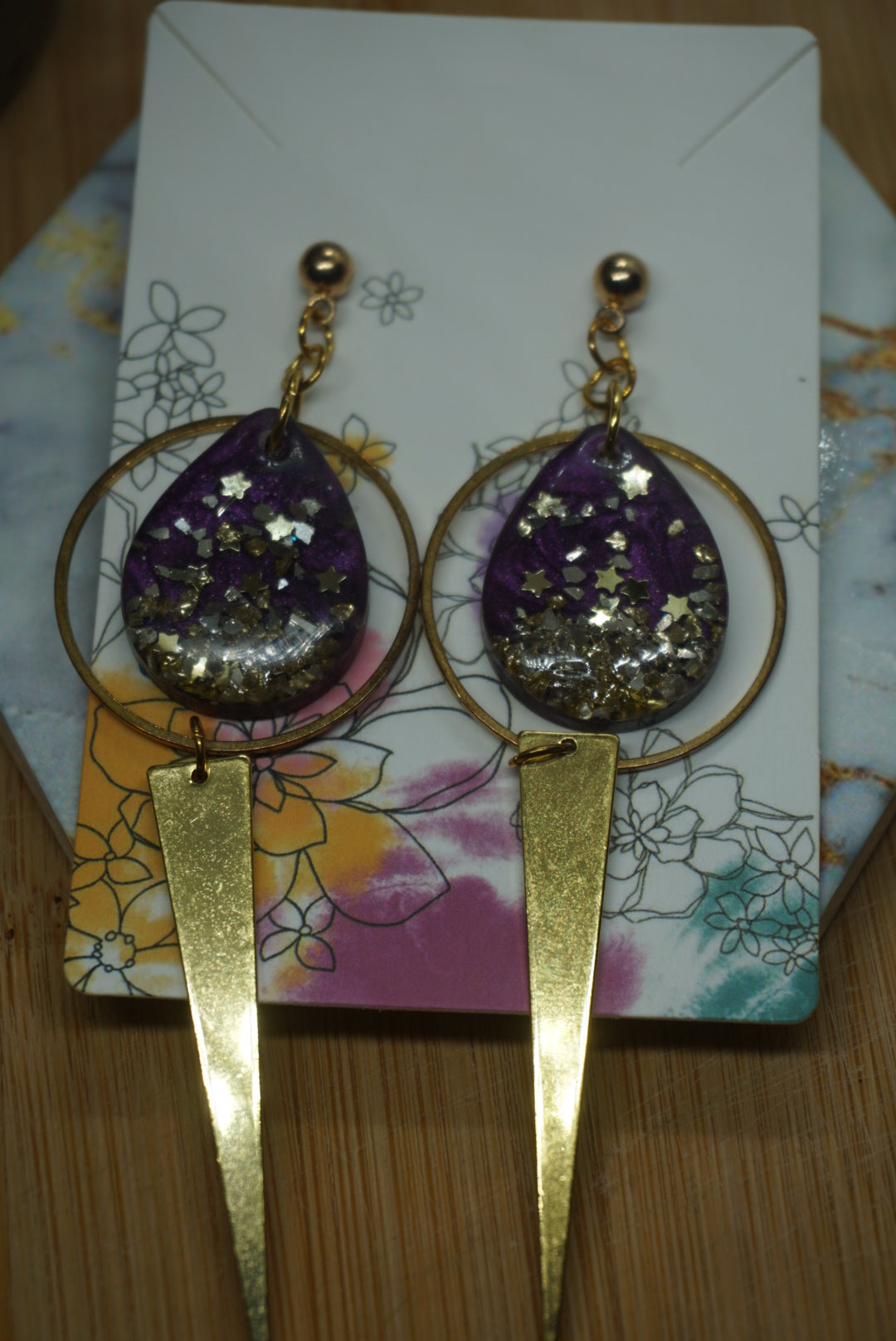Long Purple Resin Earrings with Gold Charms