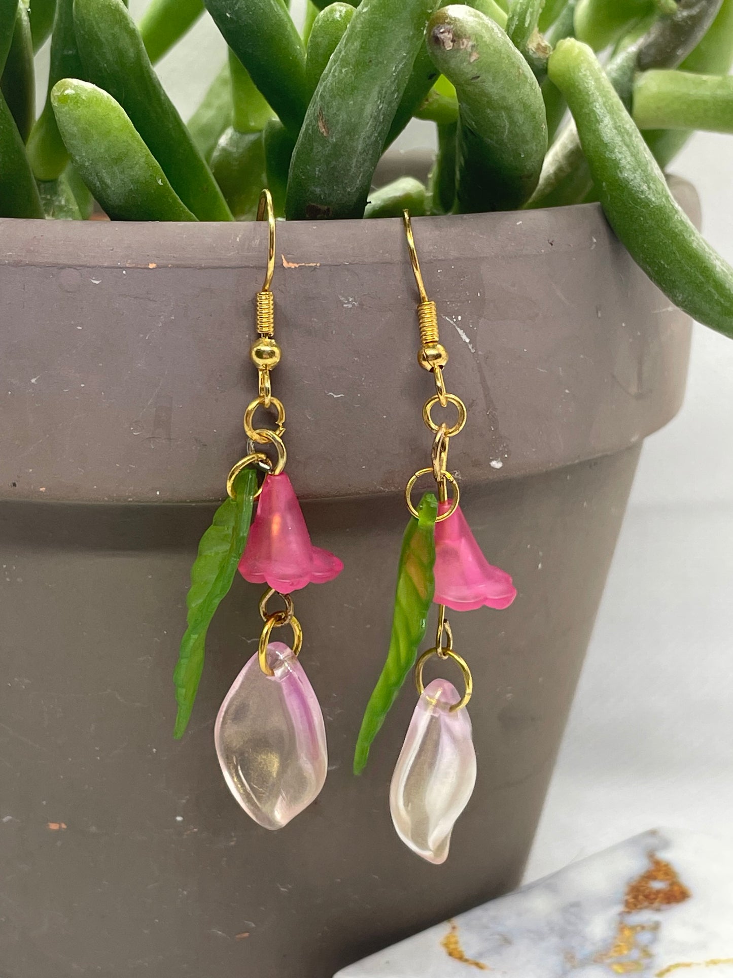 Pink Glass Beaded Flower Earrings