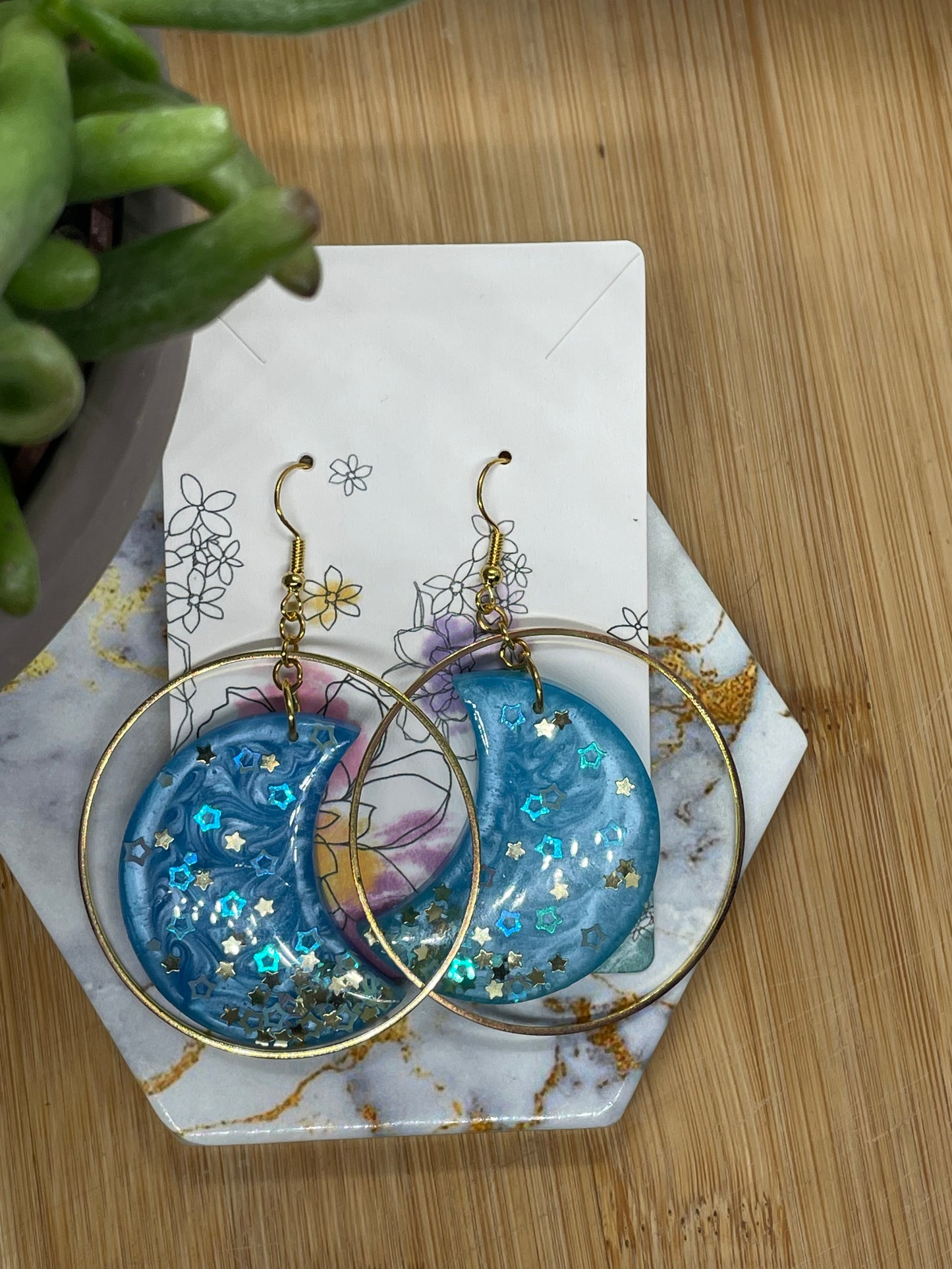 Moon Hanging In Gold Hoop Resin Earrings