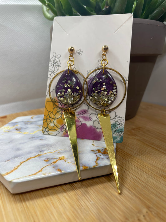 Long Purple Resin Earrings with Gold Charms