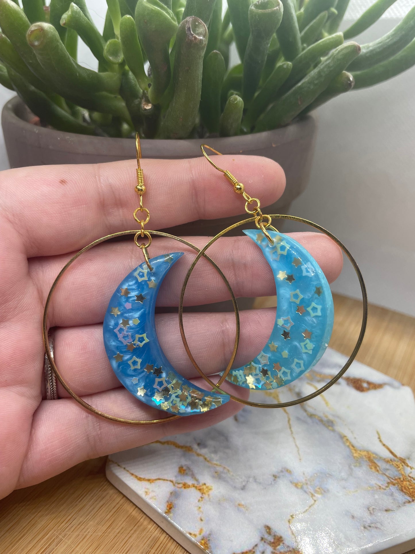 Moon Hanging In Gold Hoop Resin Earrings