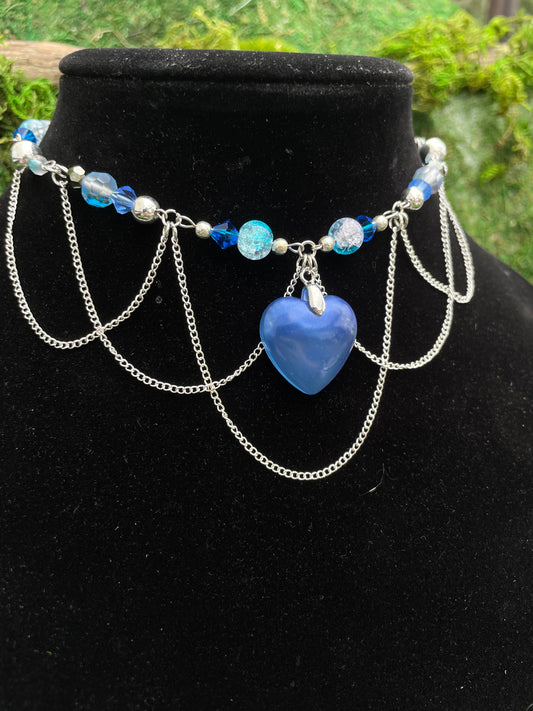 Blue Heart Beaded Choker Necklace