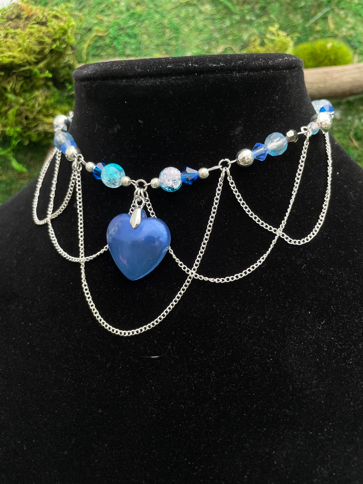 Blue Heart Beaded Choker Necklace