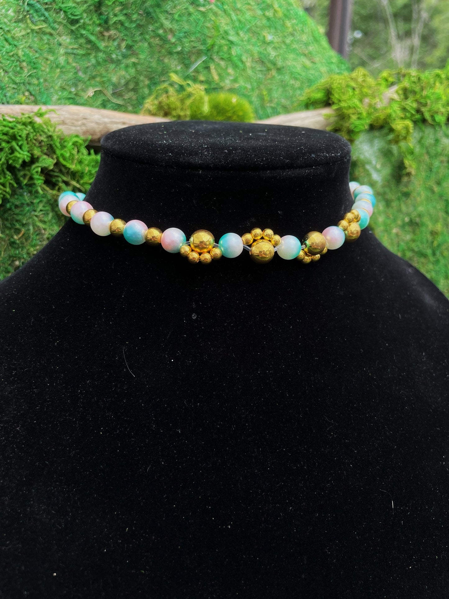 Gold and Blue Adjustable Beaded Choker