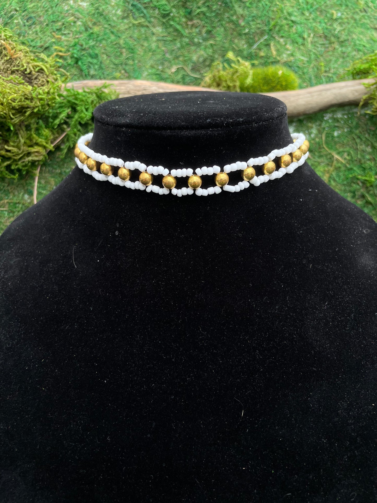 White and Gold Dainty Seed Bead Adjustable Choker