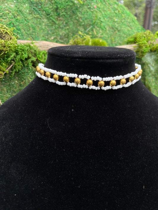 White and Gold Dainty Seed Bead Adjustable Choker