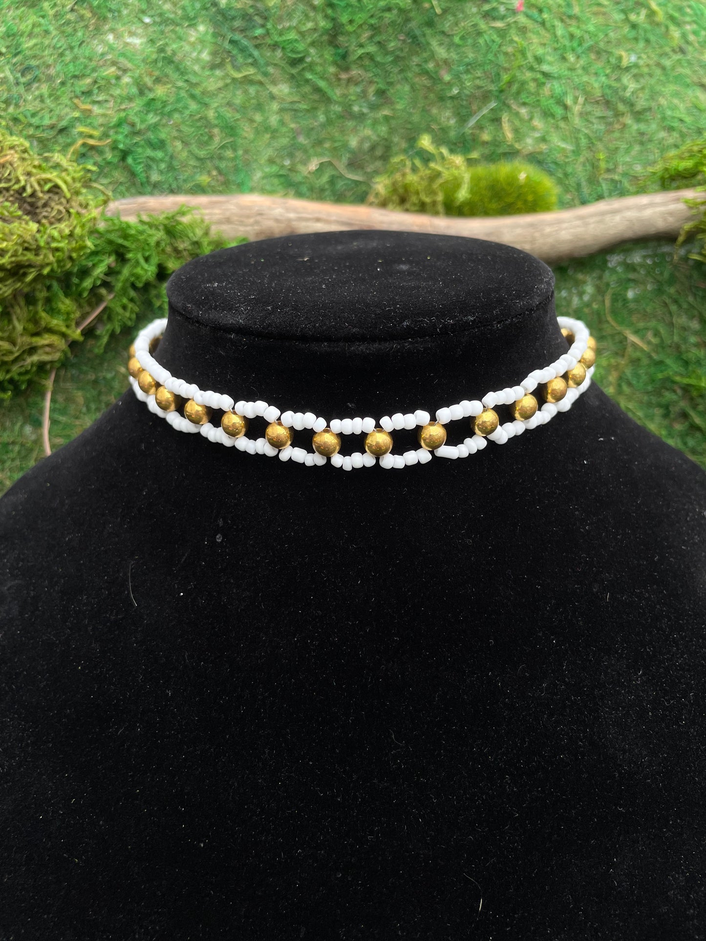 White and Gold Dainty Seed Bead Adjustable Choker