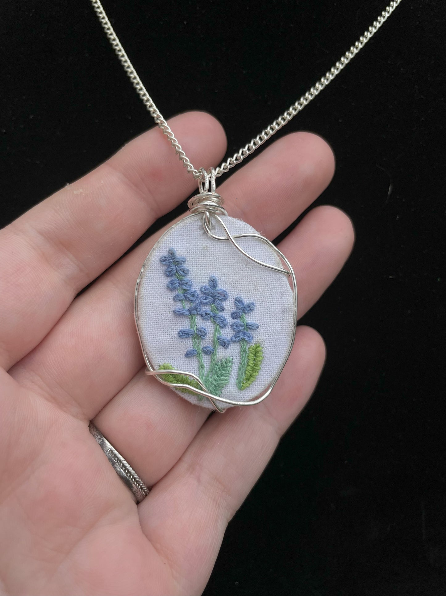 Hand Embroidered Wire Wrapped Pendant Necklace