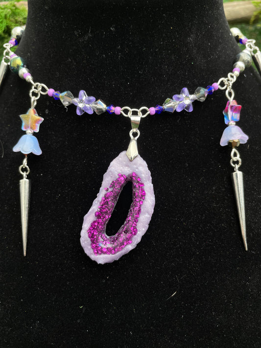Purple Resin Geode Beaded Adjustable Choker Necklace