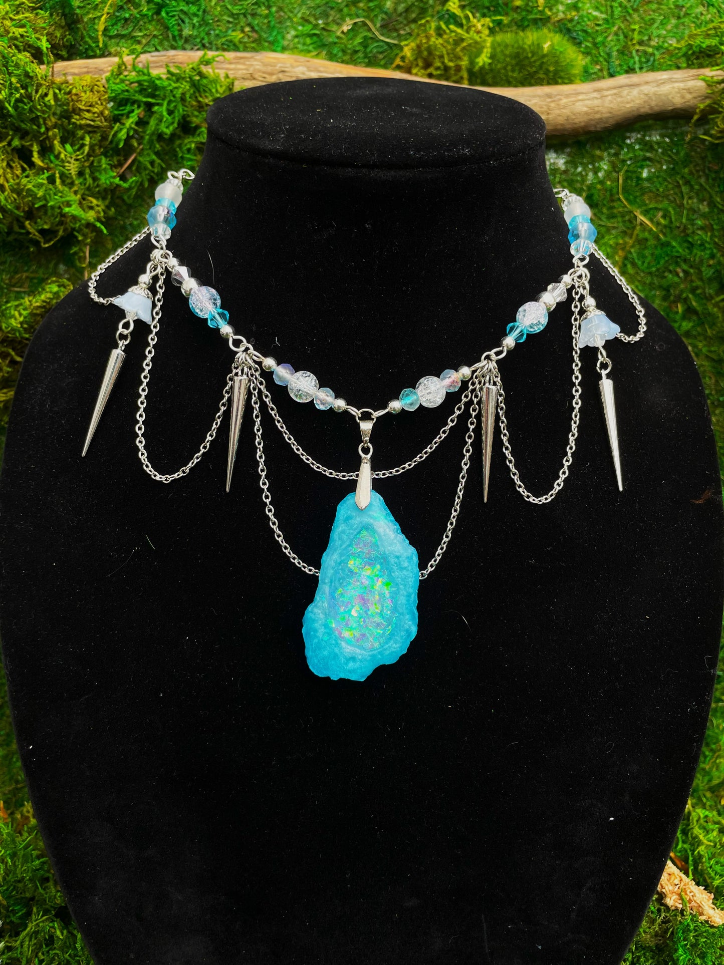 Ice Blue Resin Geode Beaded Adjustable Choker