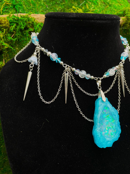 Ice Blue Resin Geode Beaded Adjustable Choker