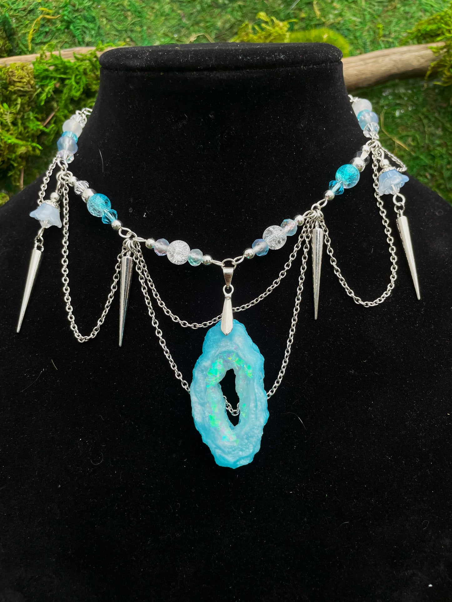 Ice Blue Resin Geode Beaded Adjustable Choker