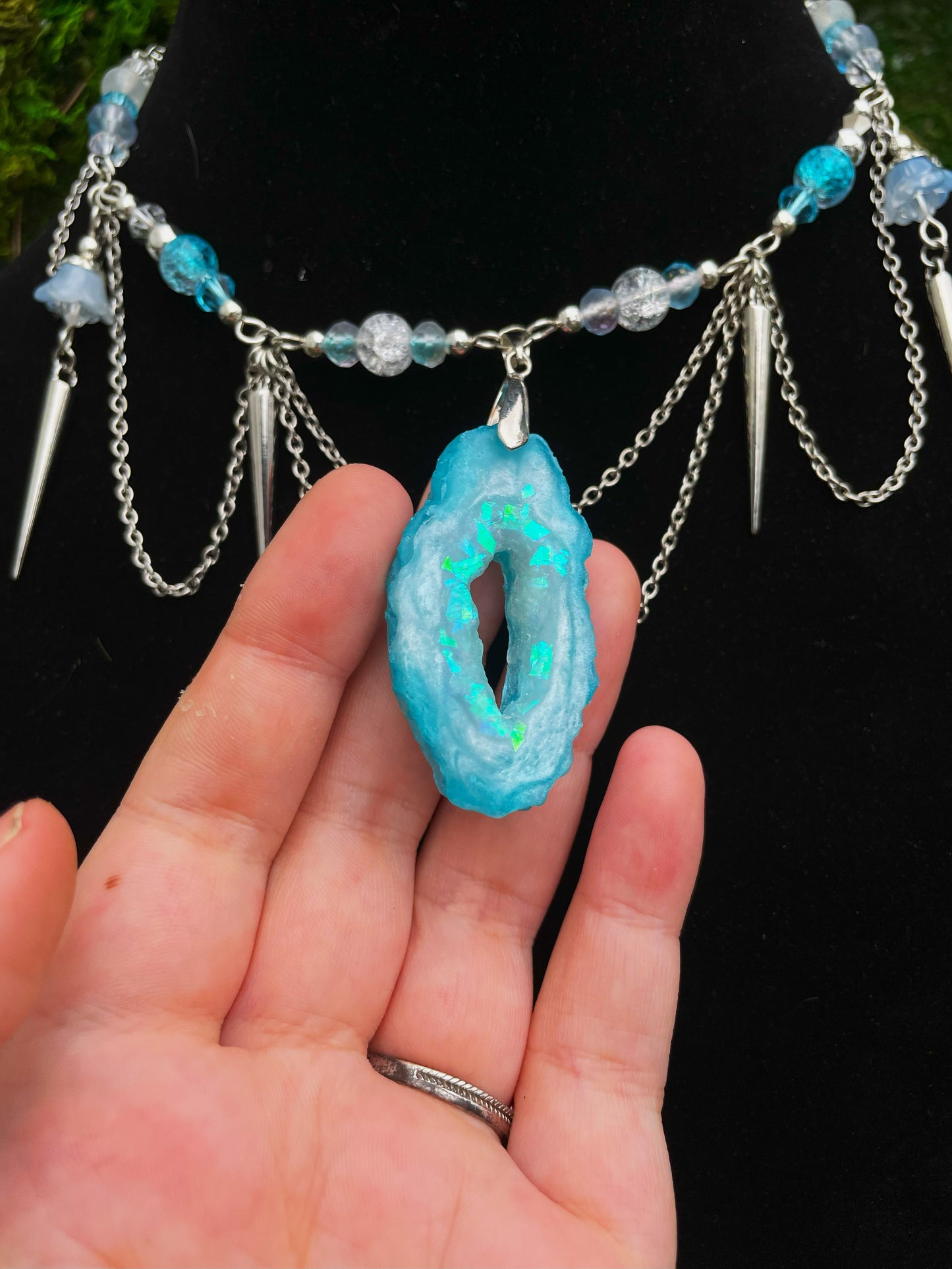 Ice Blue Resin Geode Beaded Adjustable Choker