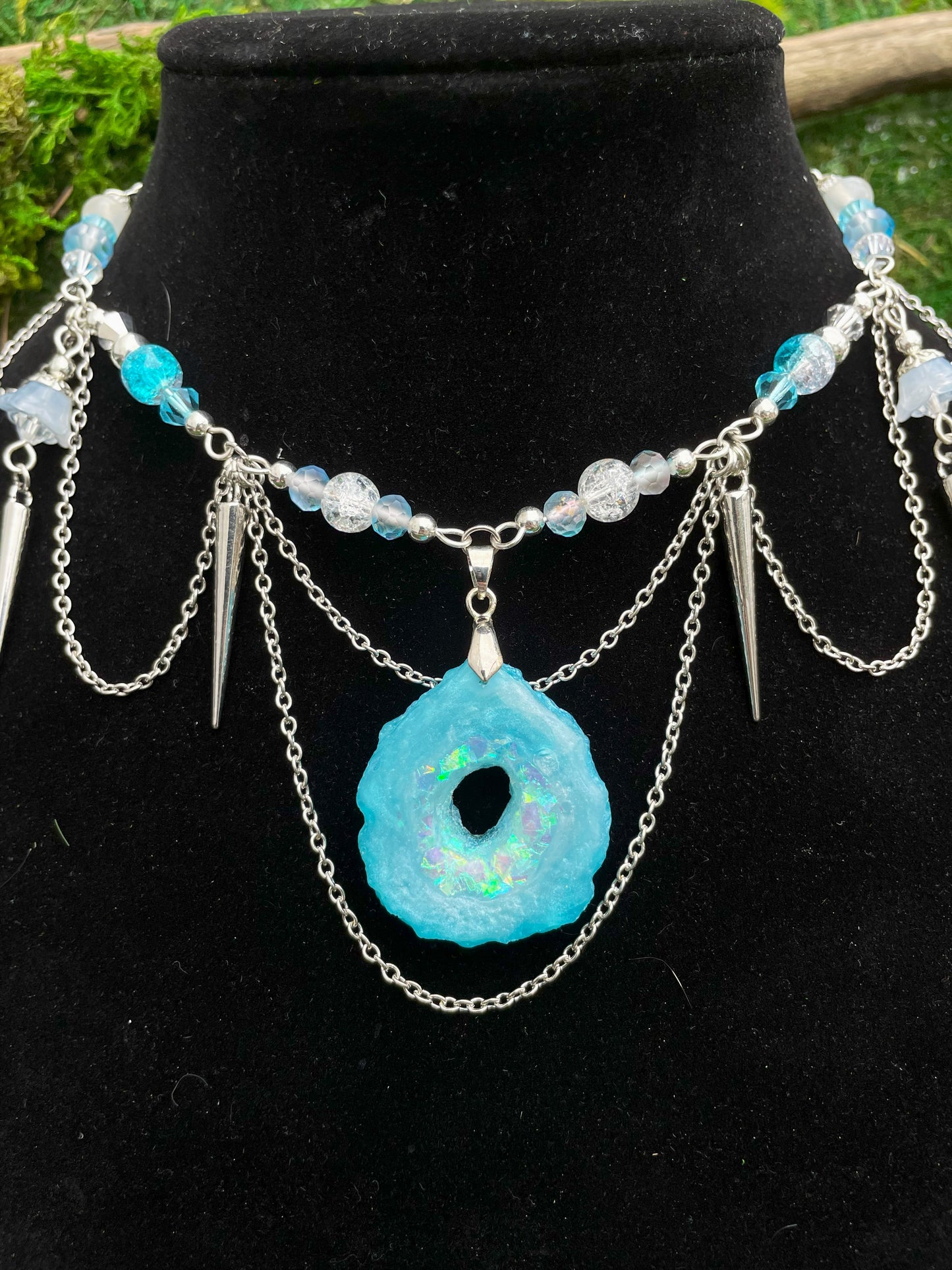 Ice Blue Resin Geode Beaded Adjustable Choker