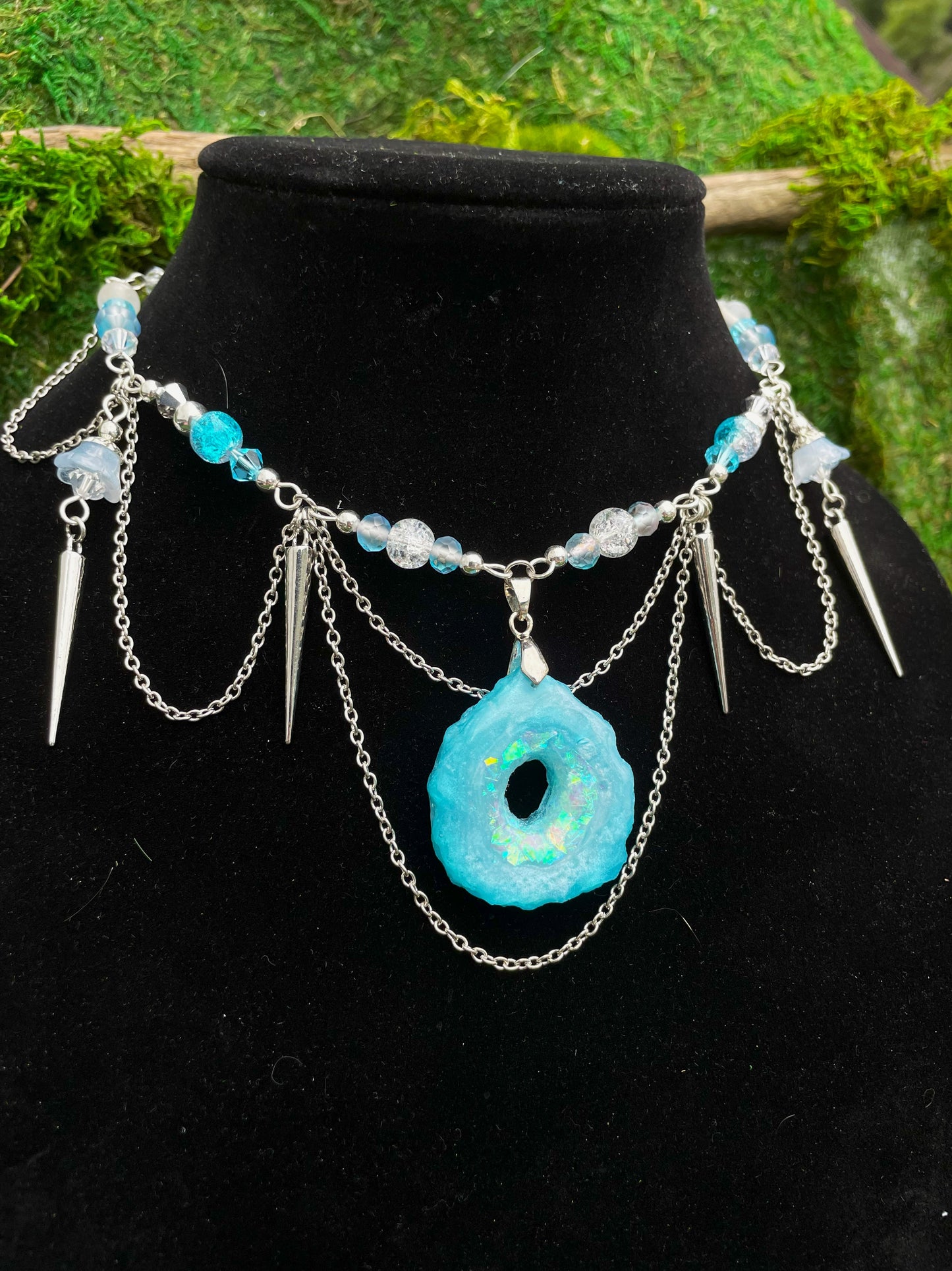 Ice Blue Resin Geode Beaded Adjustable Choker