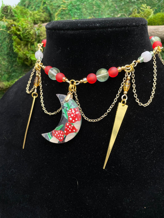 Hand Painted Resin Mushroom Pendant Beaded Choker