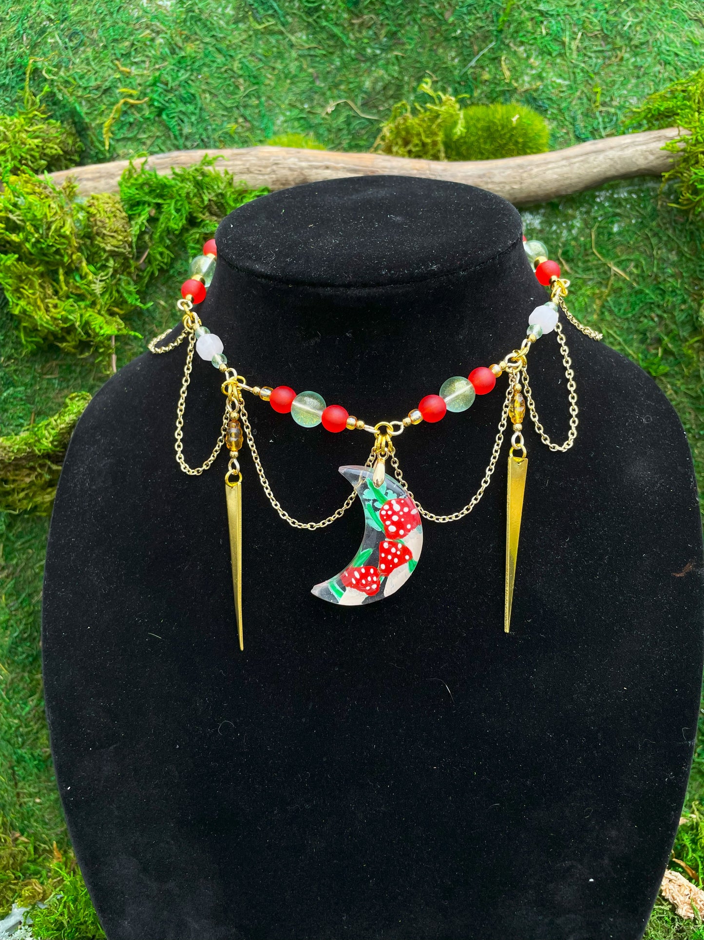 Hand Painted Resin Mushroom Pendant Beaded Choker