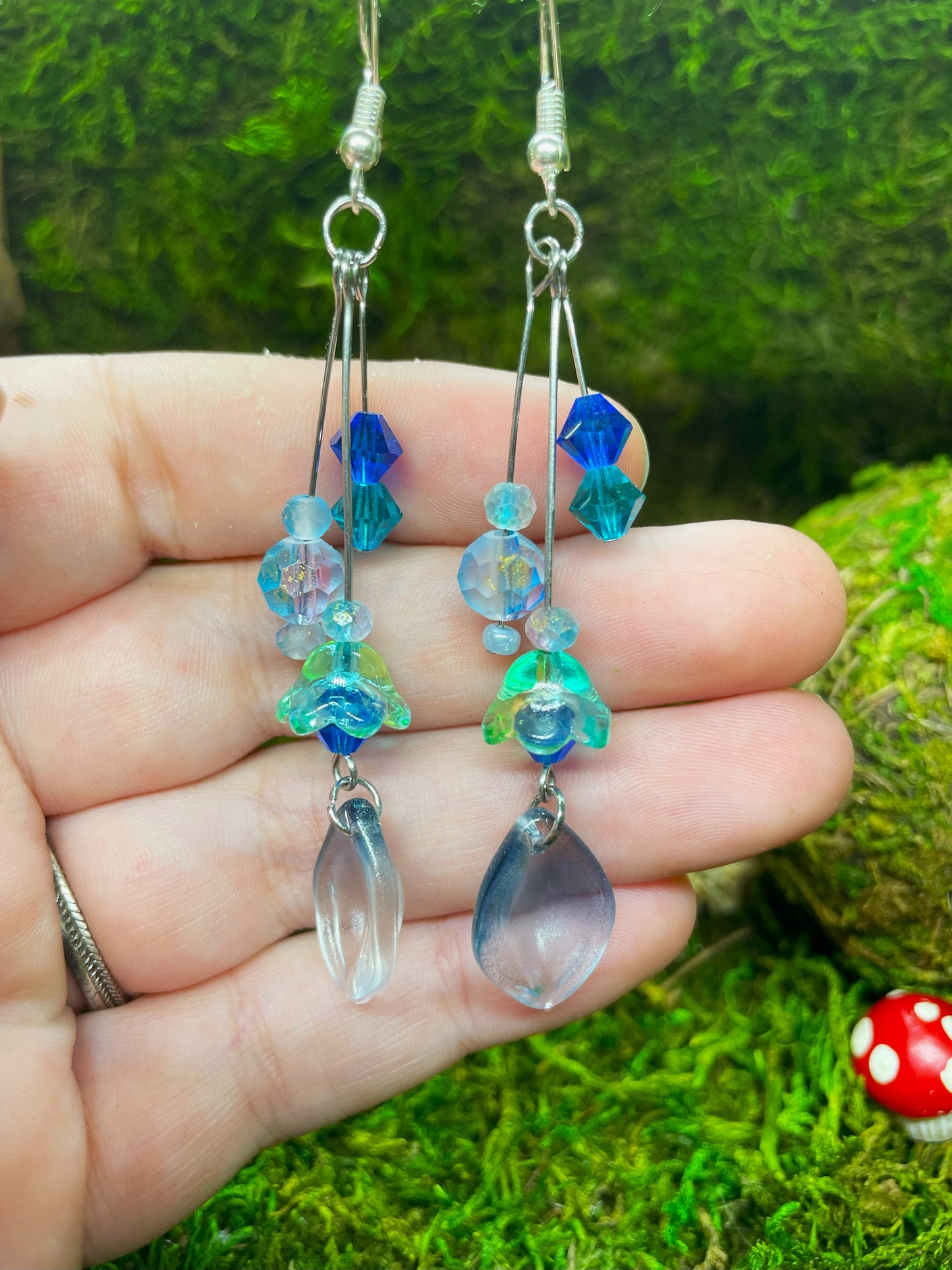 Blue Floral Beaded Dangle and Drop Earrings