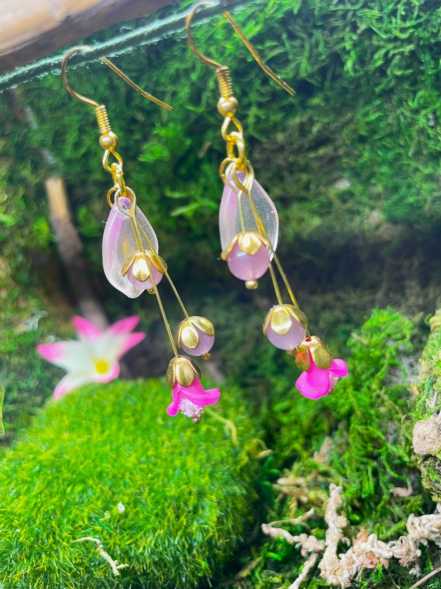 Pink Floral Beaded Dangle Earrings