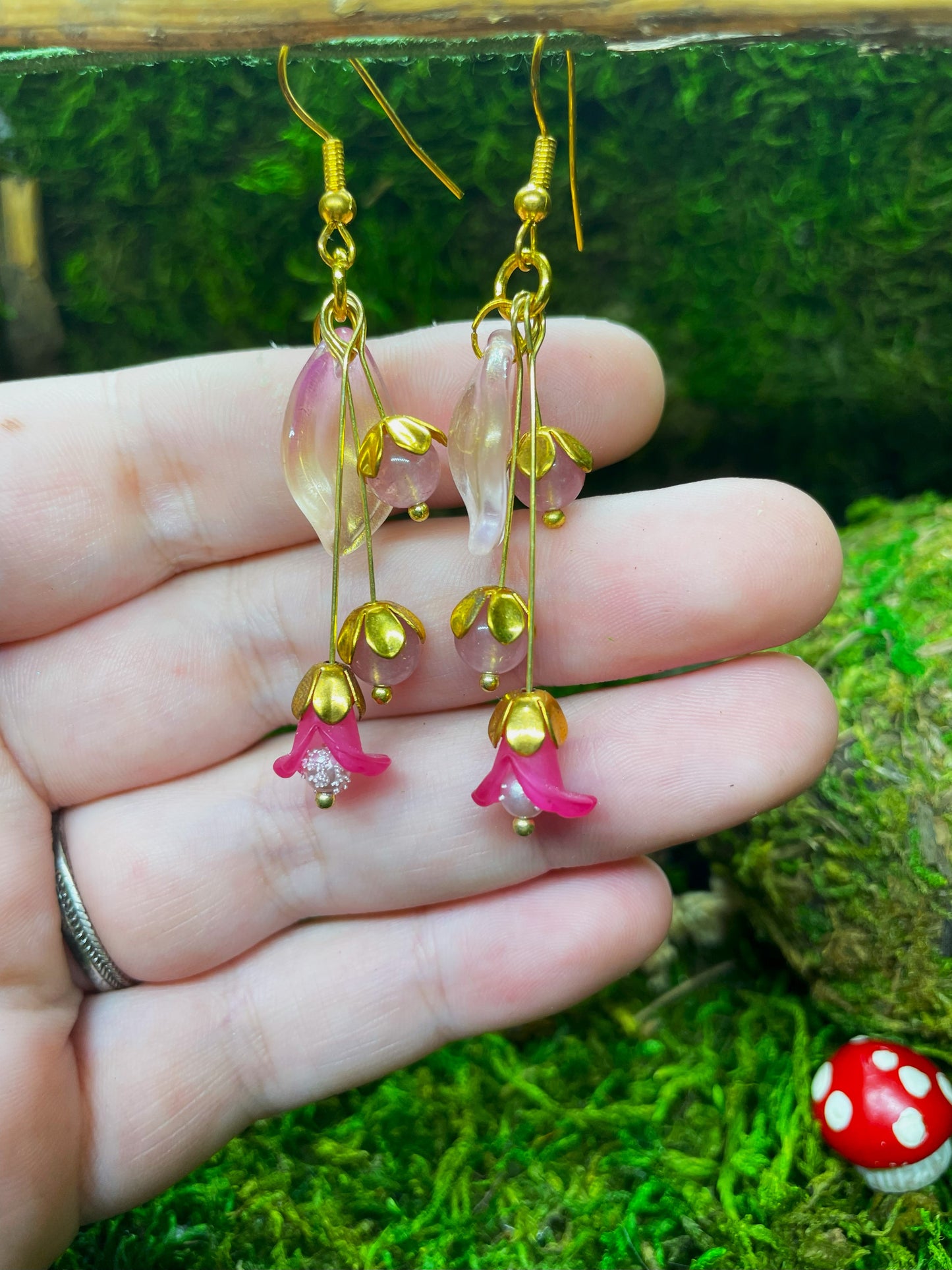 Pink Floral Beaded Dangle Earrings