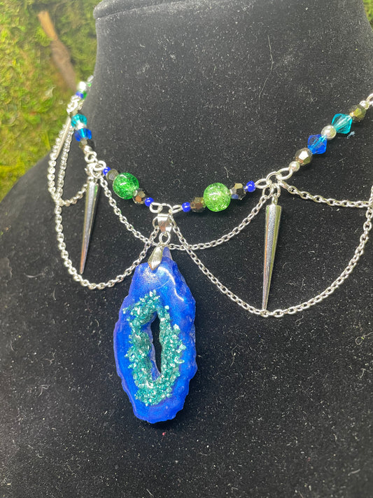 Resin Geode Beaded Choker Necklace Earring Set