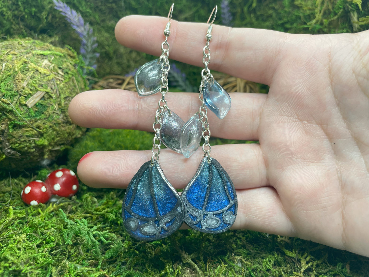 Blue and Black Chain Drop Butterfly Earrings