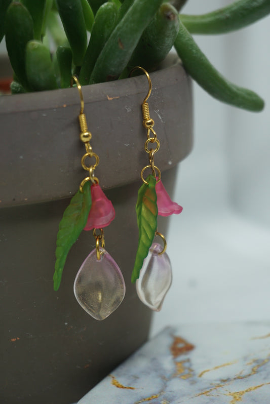 Pink Glass Beaded Flower Earrings