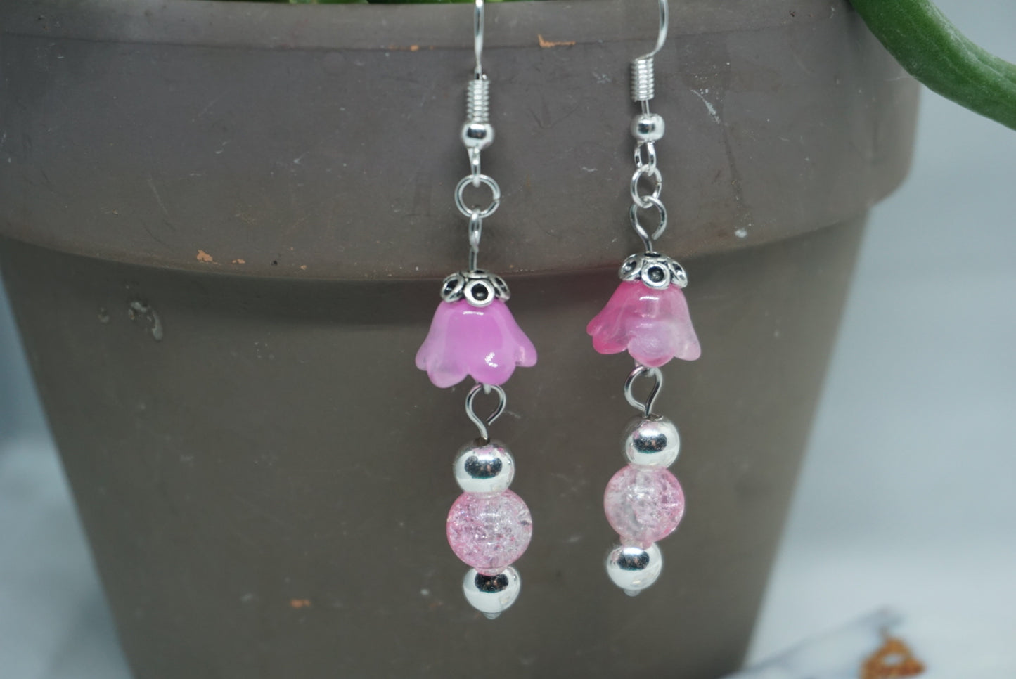 Pink Glass Flower Earrings