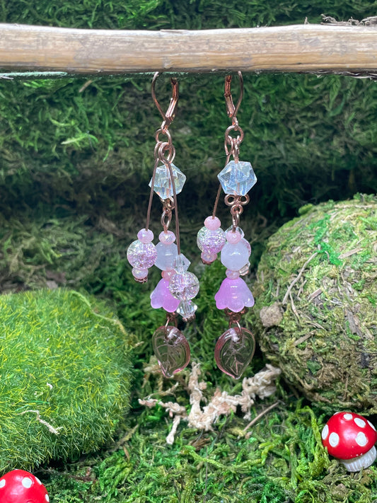 Pink Floral Glass Beaded Dangle Earrings