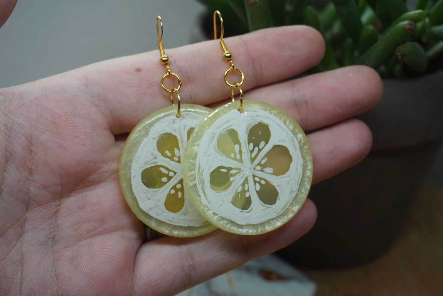 Hand Painted Lemon Slice Resin Earrings
