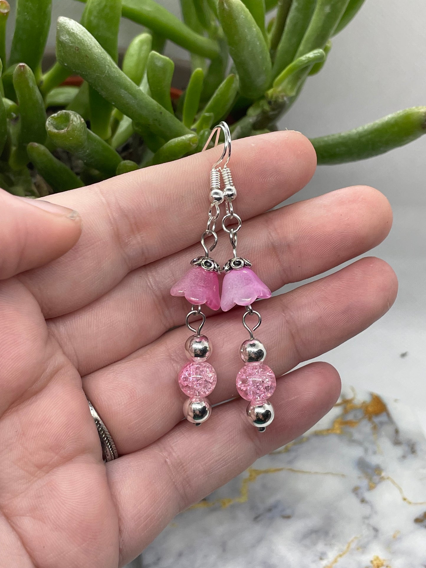 Pink Glass Flower Earrings