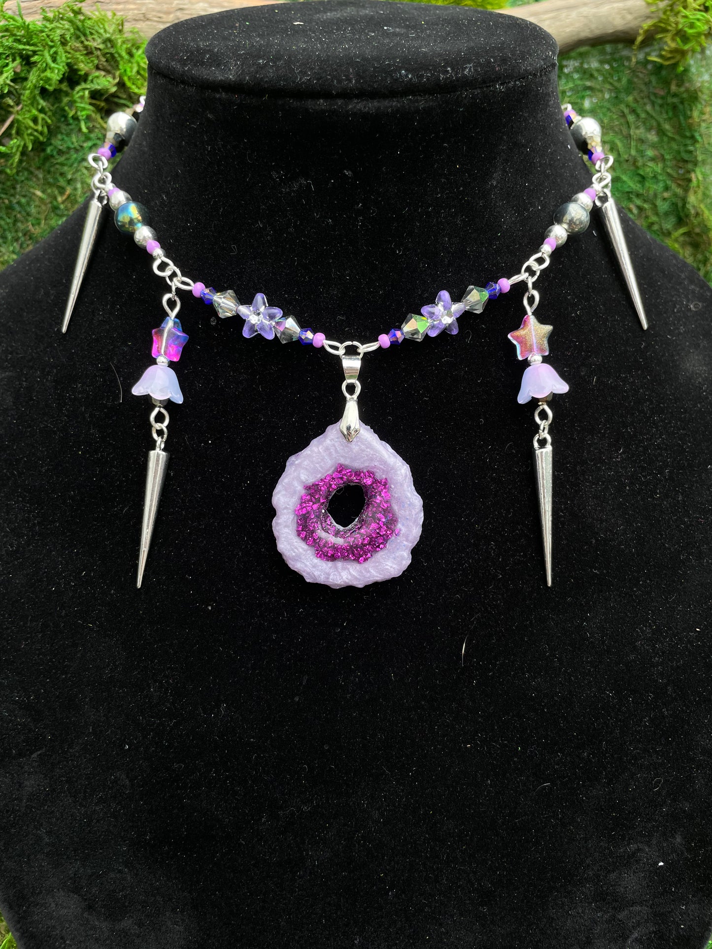 Purple Resin Geode Beaded Adjustable Choker Necklace