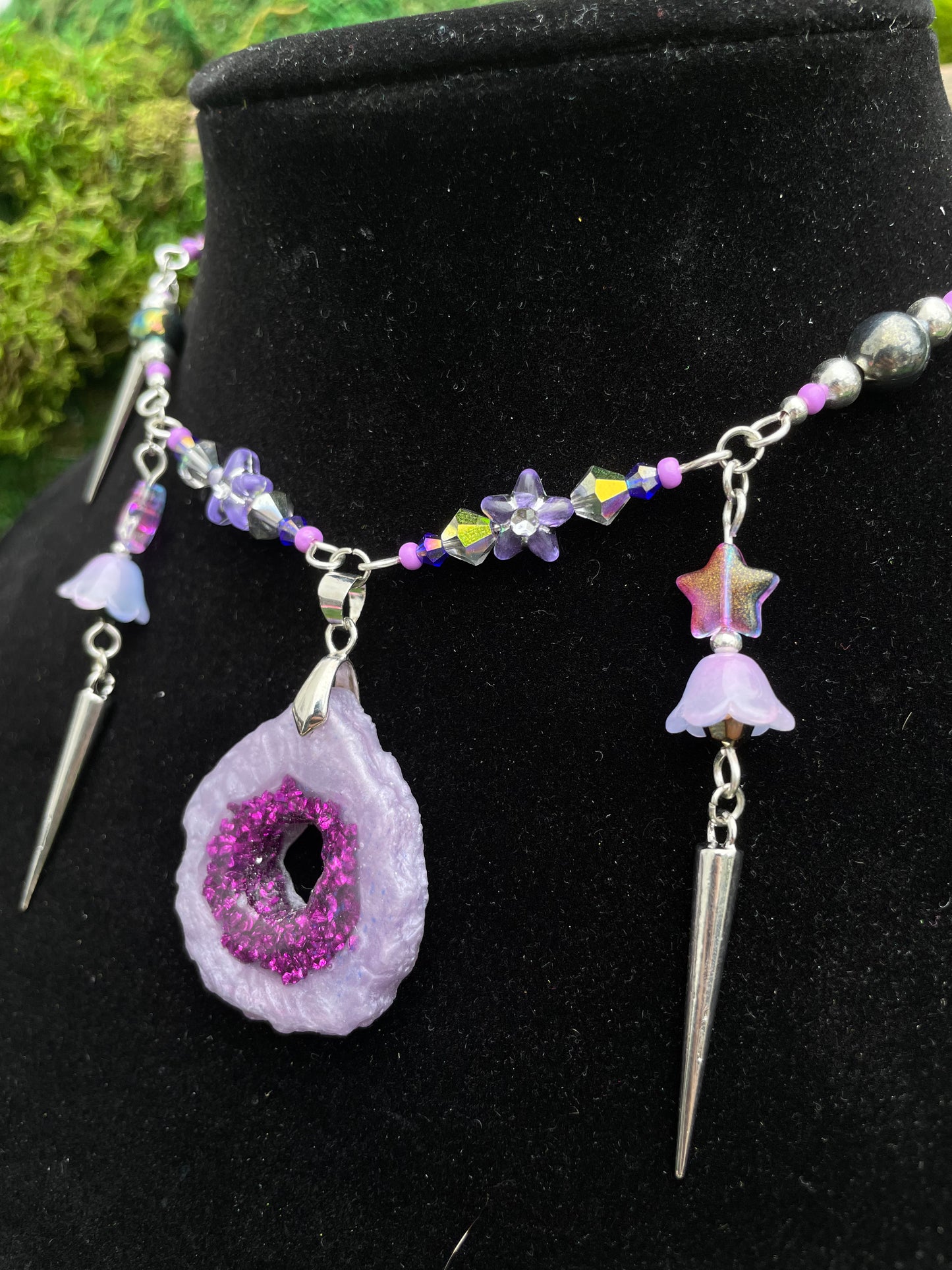 Purple Resin Geode Beaded Adjustable Choker Necklace