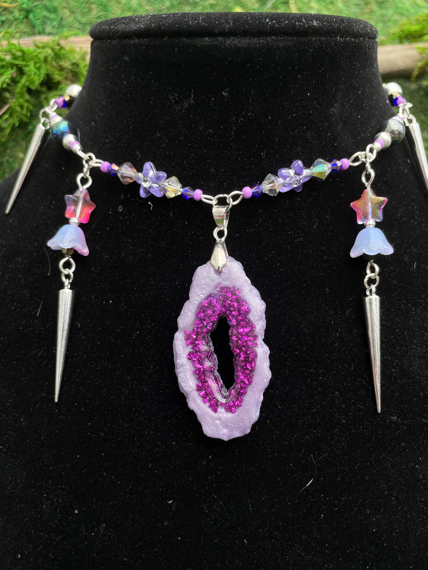 Purple Resin Geode Beaded Adjustable Choker Necklace