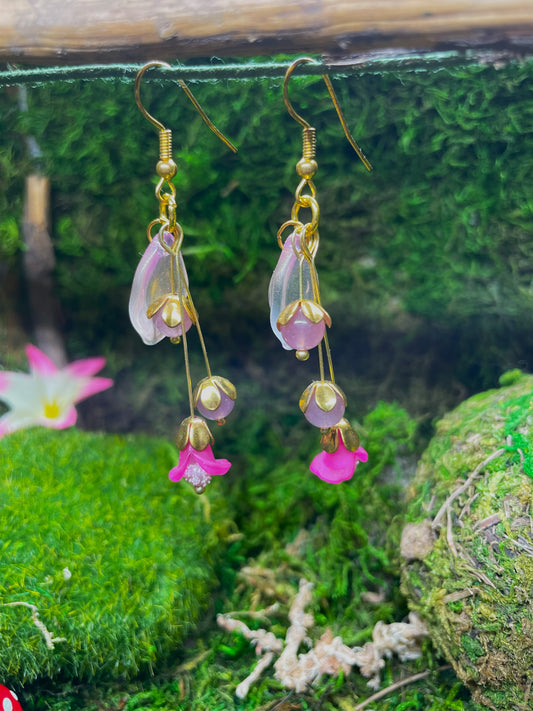Pink Floral Beaded Dangle Earrings