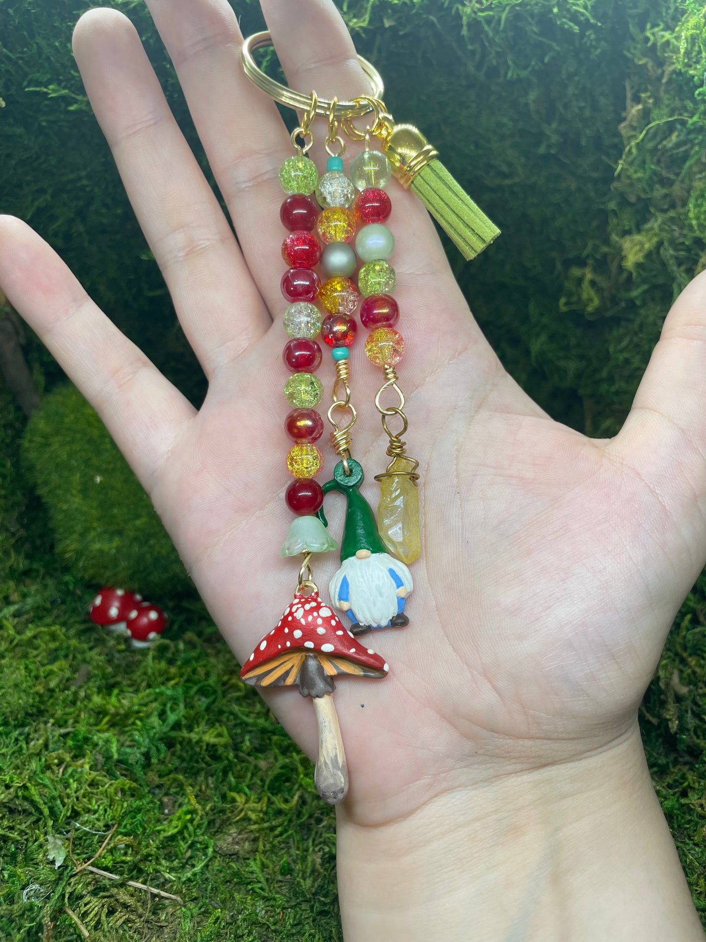 Hand Painted Beaded Fantasy Forest Keychain